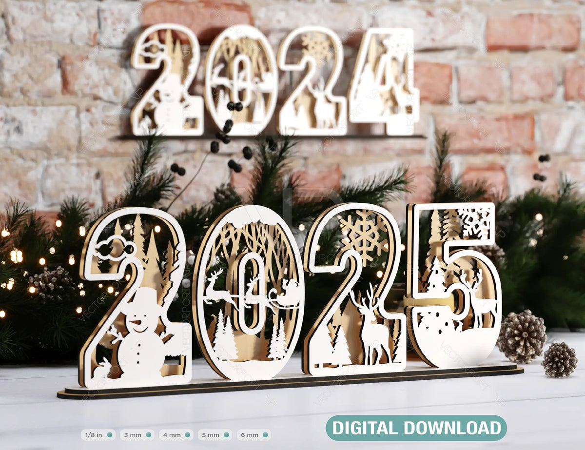 2025 Standing Number Christmas Decoration with Snowy New Year Scene Multilayer Laser cut Digital Download |#U295|