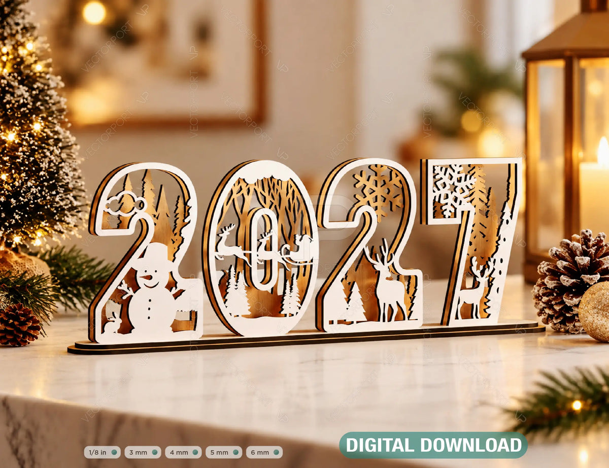 2026 Standing Number Christmas Decoration with Snowy New Year Scene Multilayer Laser cut Digital Download |#U295| VectorPort