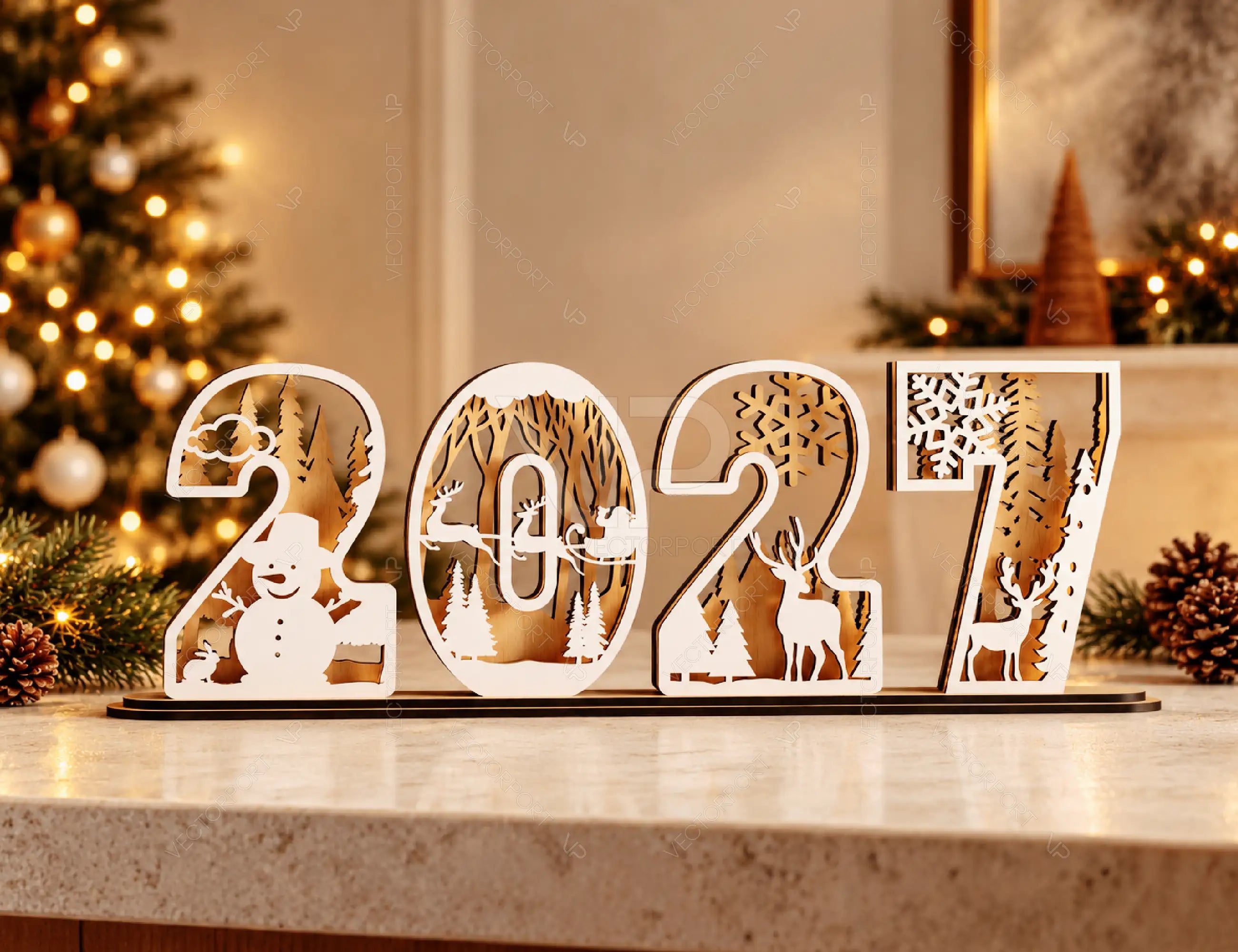2026 Standing Number Christmas Decoration with Snowy New Year Scene Multilayer Laser cut Digital Download |#U295| VectorPort