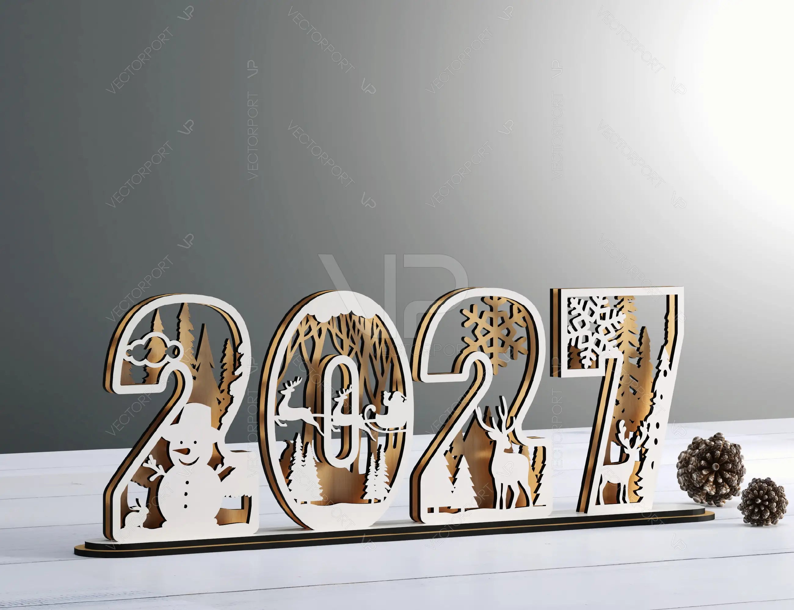 2026 Standing Number Christmas Decoration with Snowy New Year Scene Multilayer Laser cut Digital Download |#U295| VectorPort