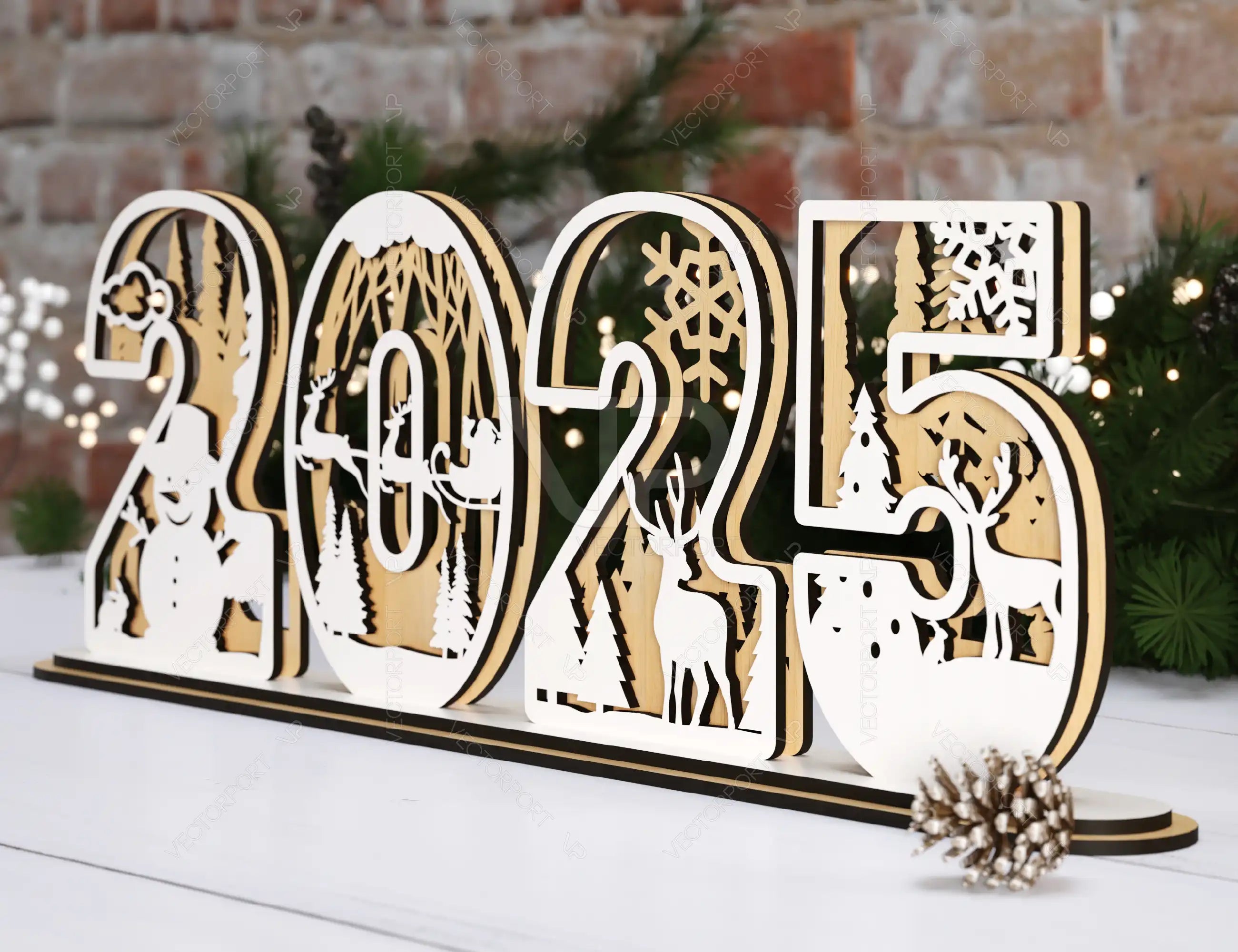 2025 Standing Number Christmas Decoration with Snowy New Year Scene Multilayer Laser cut Digital Download |#U295|