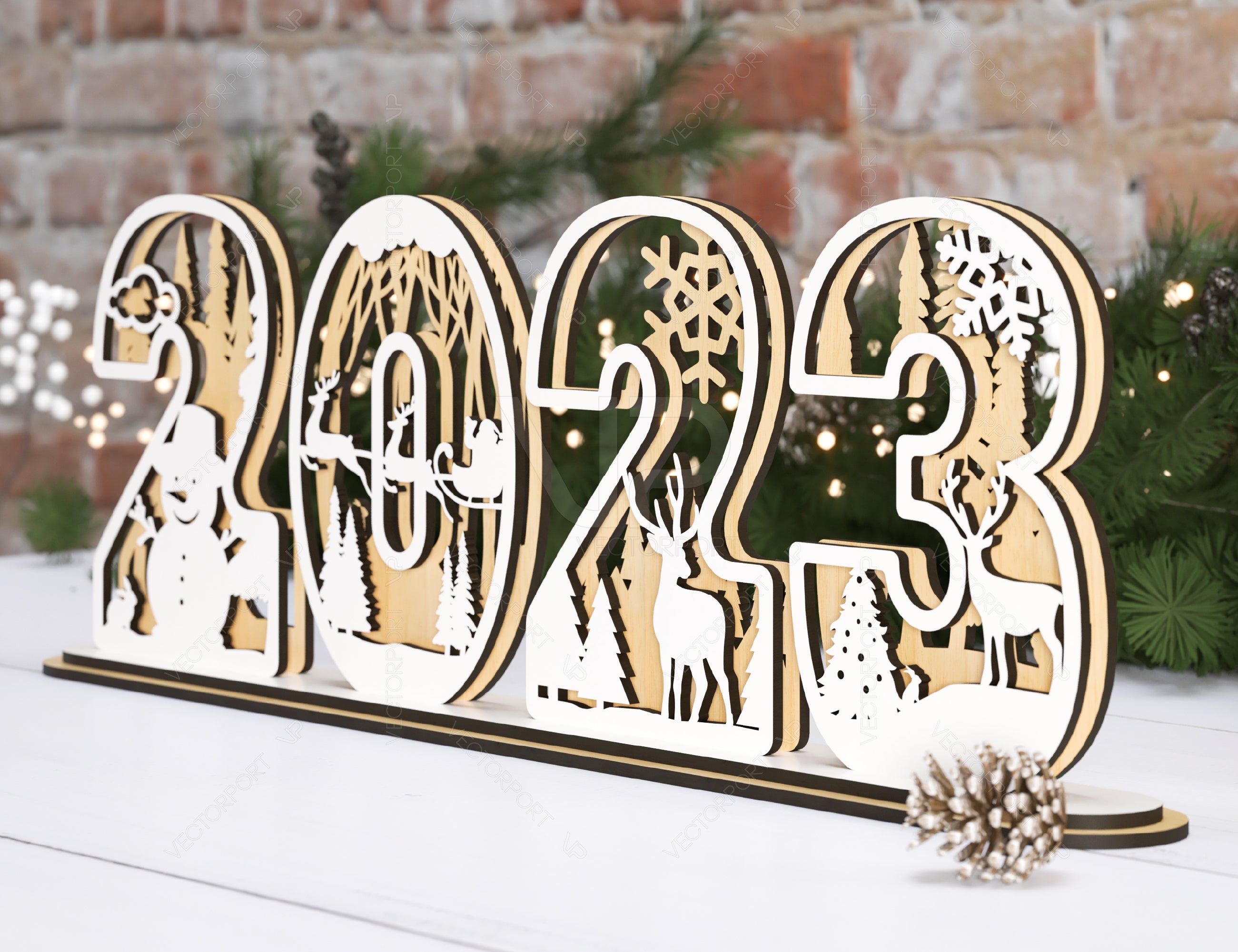 2023 Standing Number Christmas Decoration with Snowy New Year Scene Multilayer Laser cut Digital Download |#U295|