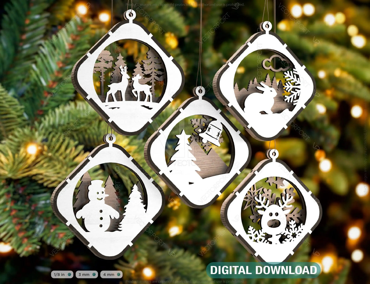 Christmas Balls Tree Decorations Craft Hanging Bauble Snowy Scene Deer New Year Décor Laser cut Digital Download |#U297|