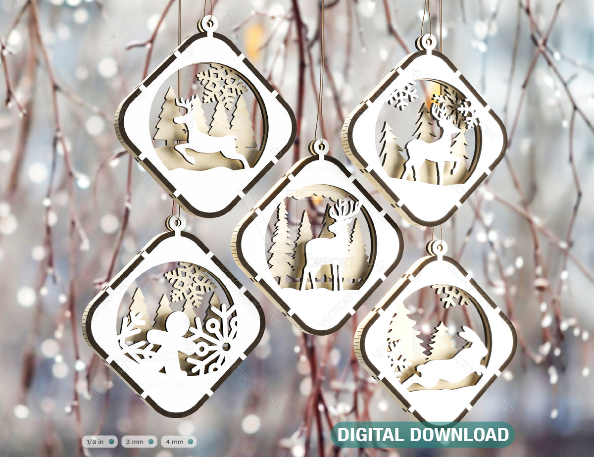 Christmas Balls Tree Decorations Craft Hanging Bauble Snowy Scene Deer New Year Décor Laser cut Digital Download |#U300|