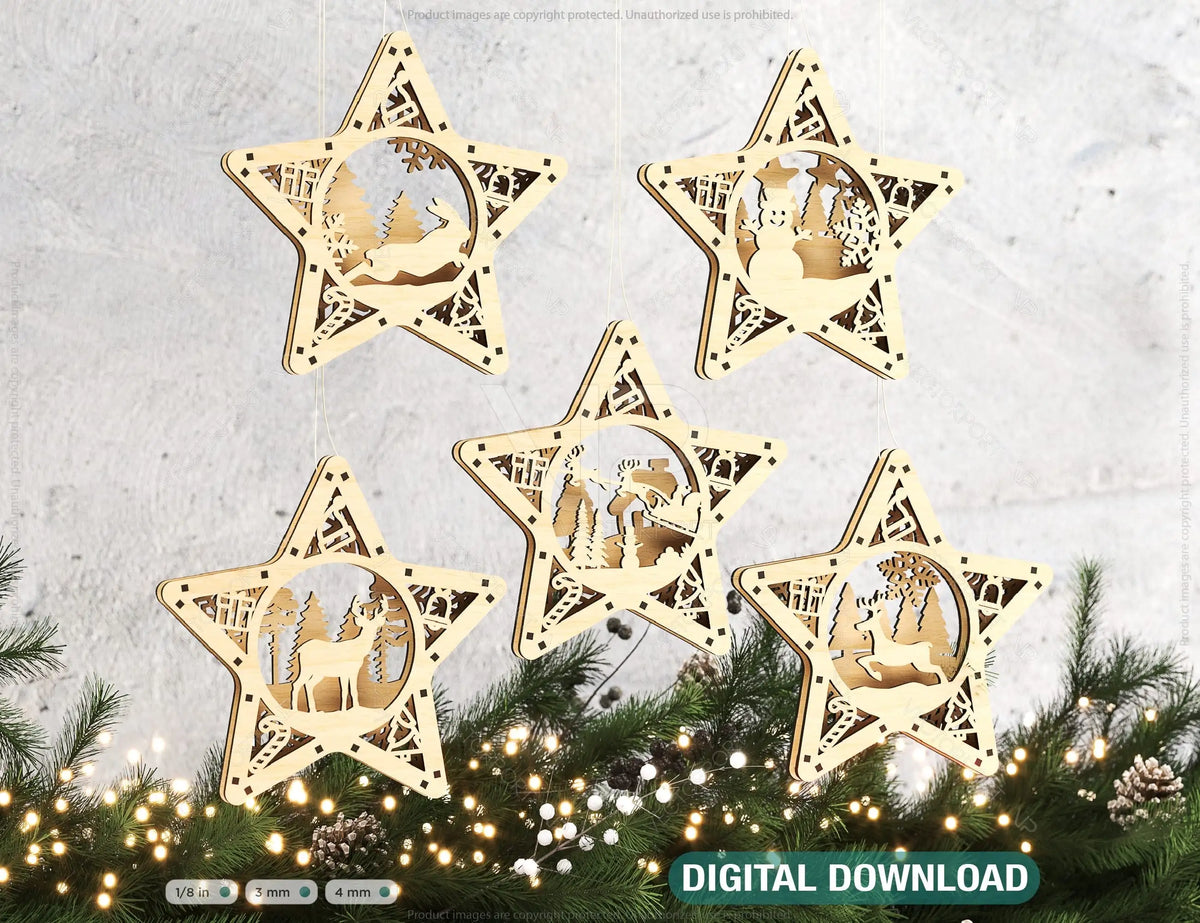 Star shape Christmas Tree Decorations Craft Hanging Bauble Snowy Scene Deer New Year Décor Laser cut Digital Download |#U310|