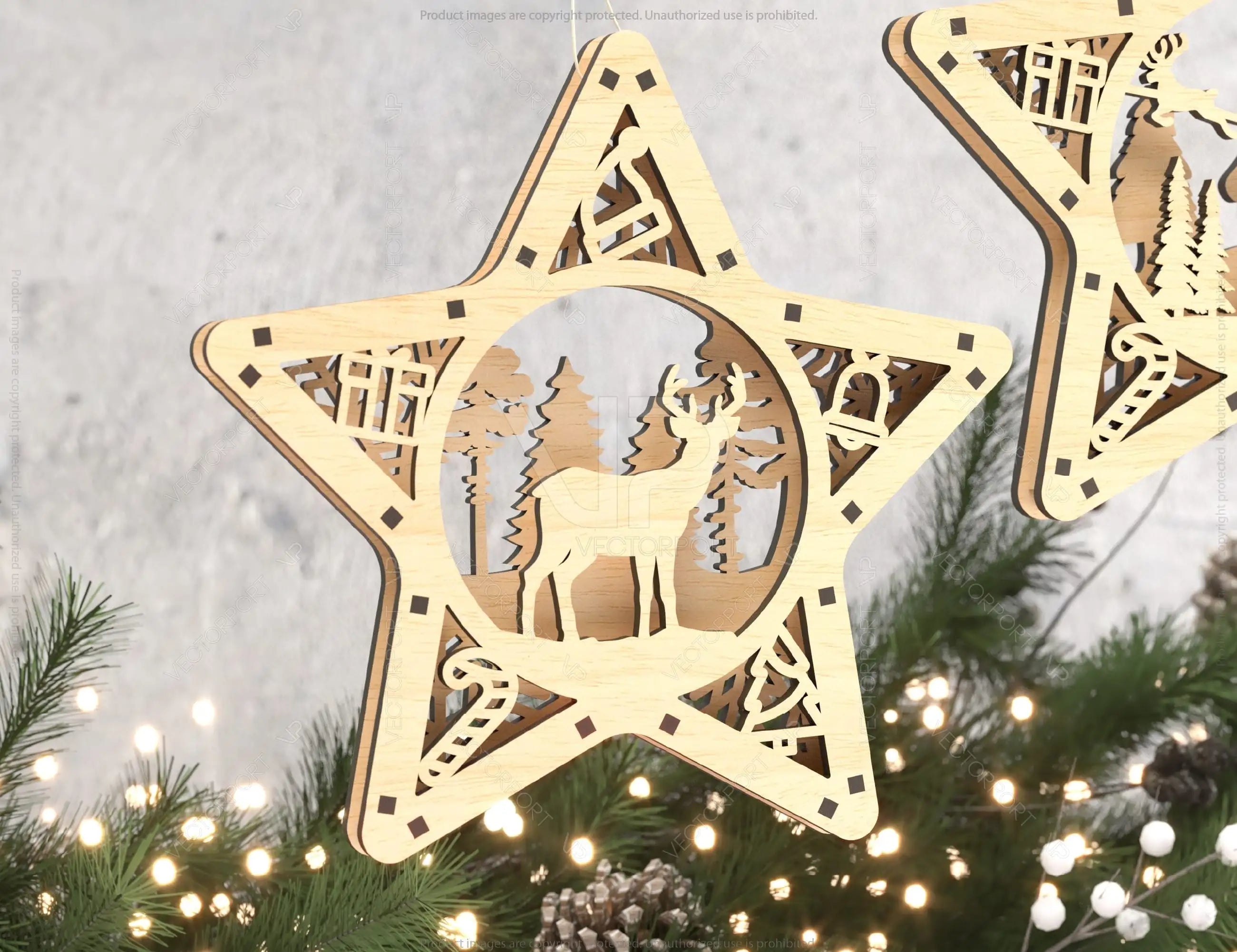 Star shape Christmas Tree Decorations Craft Hanging Bauble Snowy Scene Deer New Year Décor Laser cut Digital Download |#U310|