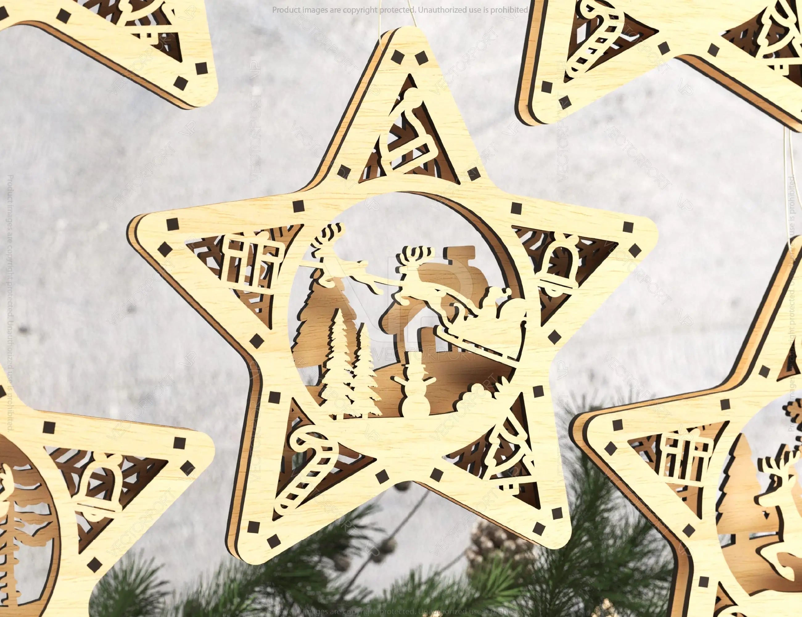 Star shape Christmas Tree Decorations Craft Hanging Bauble Snowy Scene Deer New Year Décor Laser cut Digital Download |#U310|