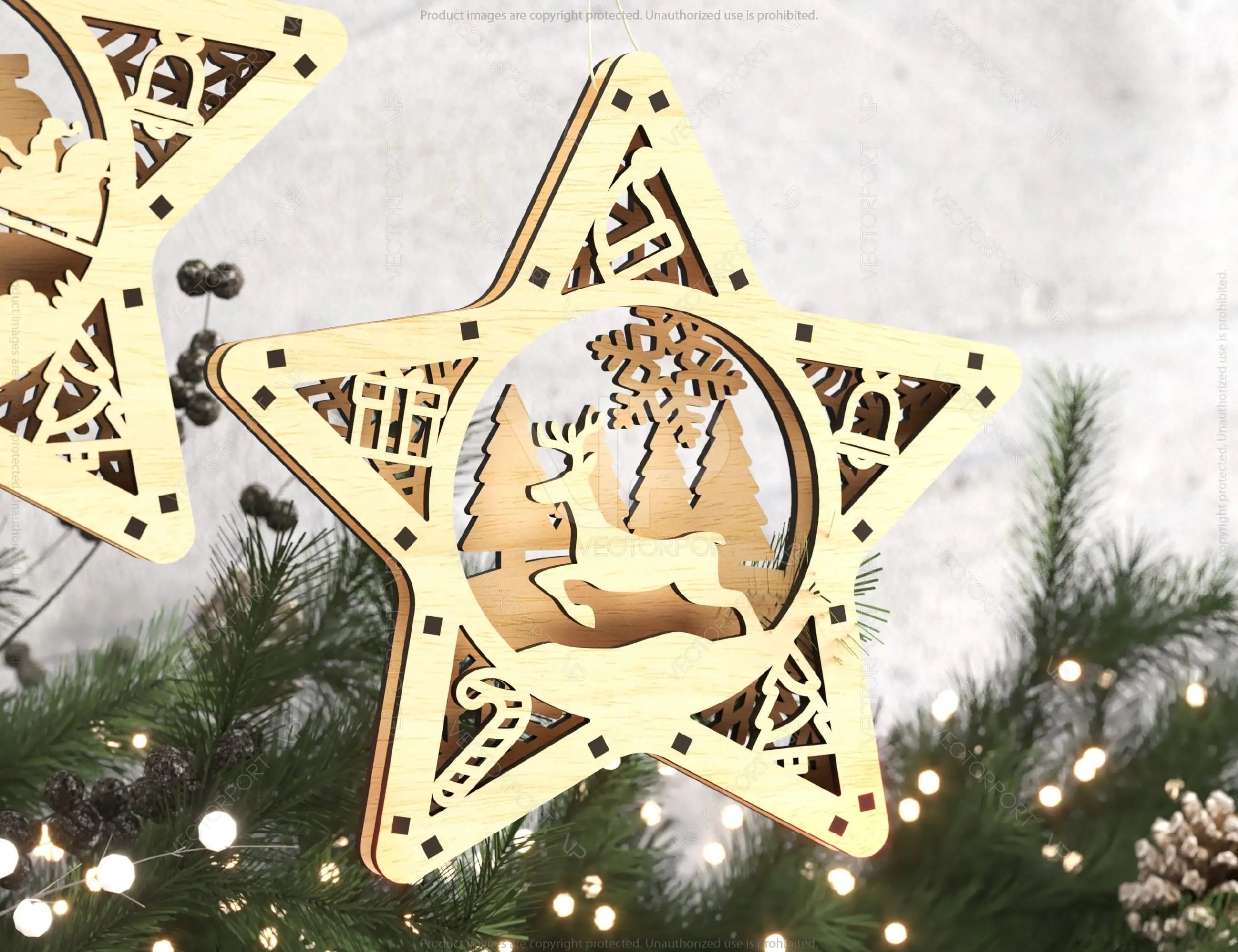 Star shape Christmas Tree Decorations Craft Hanging Bauble Snowy Scene Deer New Year Décor Laser cut Digital Download |#U310|