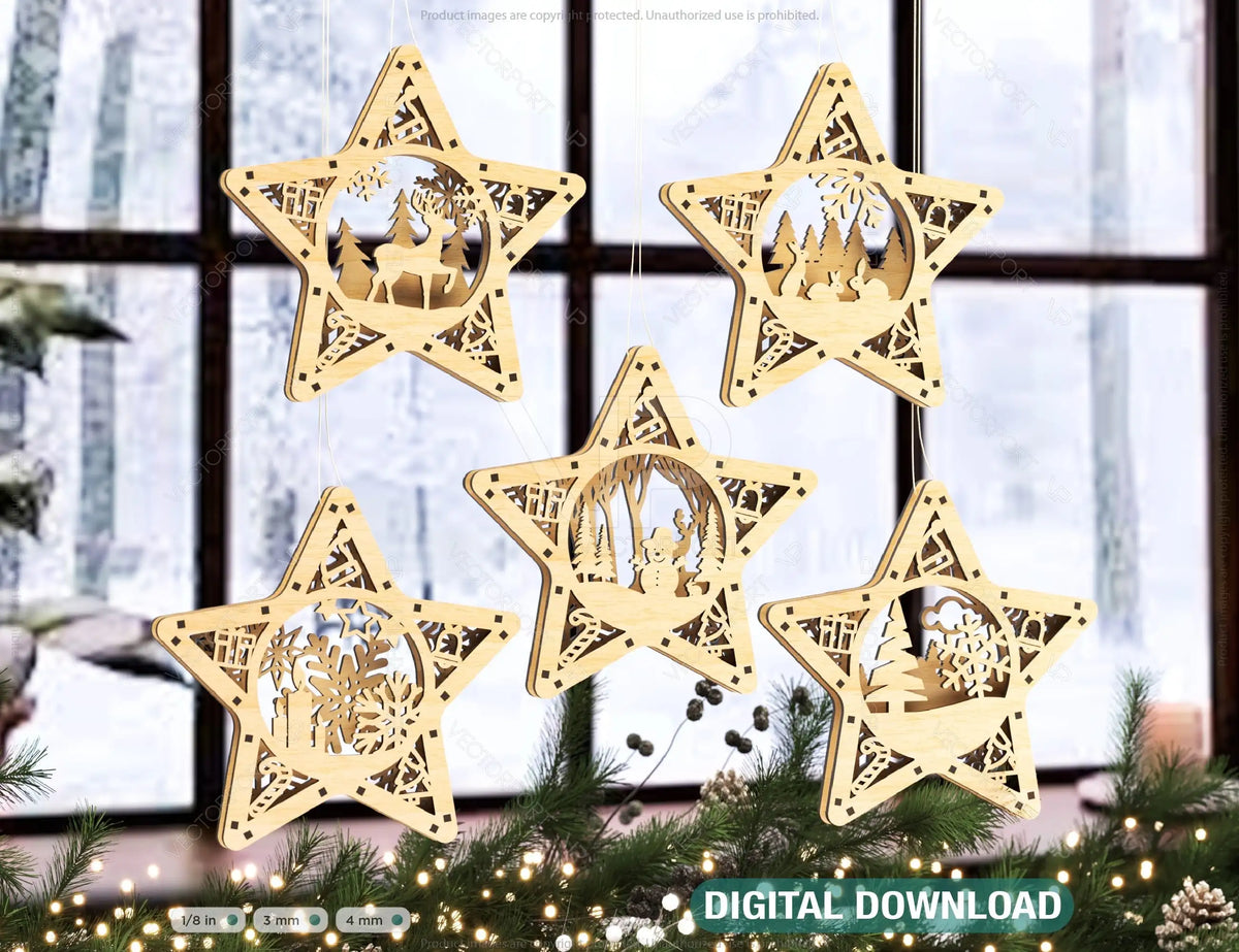 Star shape Christmas Tree Decorations Craft Hanging Bauble Snowy Scene Deer New Year Décor Laser cut Digital Download |#U311|