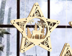 Star shape Christmas Tree Decorations Craft Hanging Bauble Snowy Scene Deer New Year Décor Laser cut Digital Download |#U311|