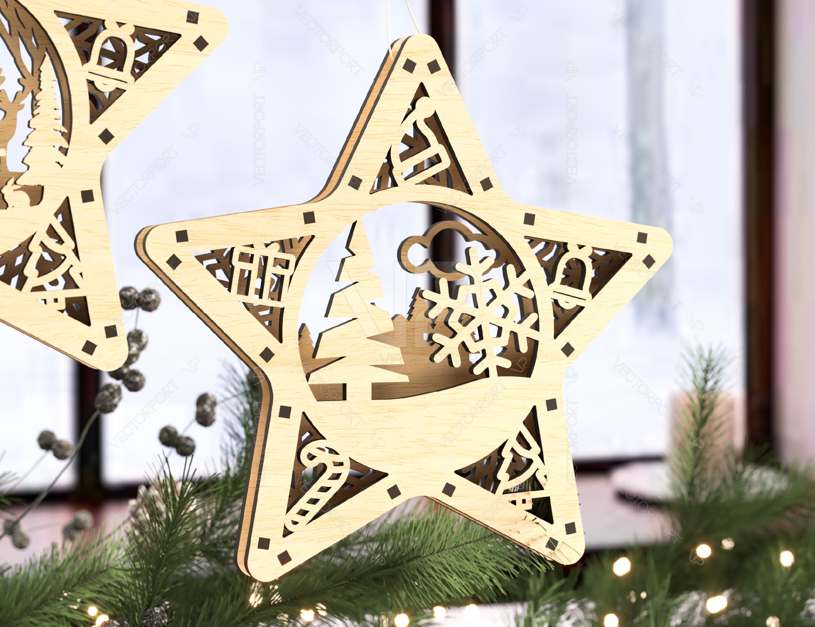 Star shape Christmas Tree Decorations Craft Hanging Bauble Snowy Scene Deer New Year Décor Laser cut Digital Download |#U311|