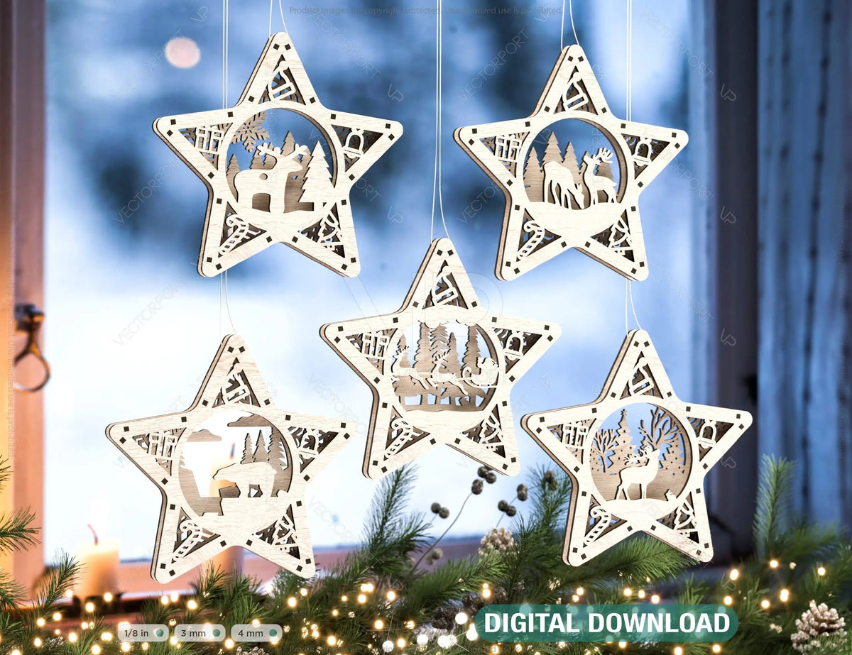 Star shape Christmas Tree Decorations Craft Hanging Bauble Snowy Scene Deer New Year Décor Laser cut Digital Download |#U312|