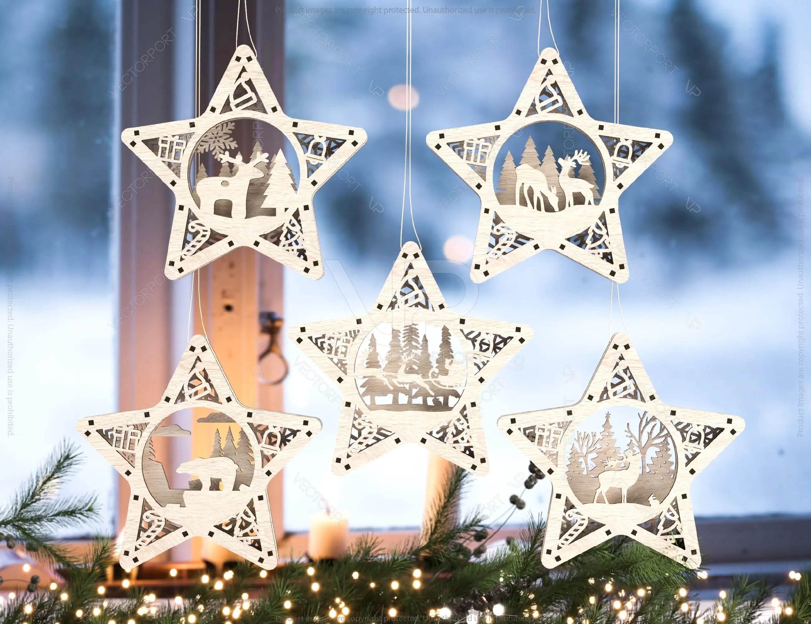 Star shape Christmas Tree Decorations Craft Hanging Bauble Snowy Scene Deer New Year Décor Laser cut Digital Download |#U312|