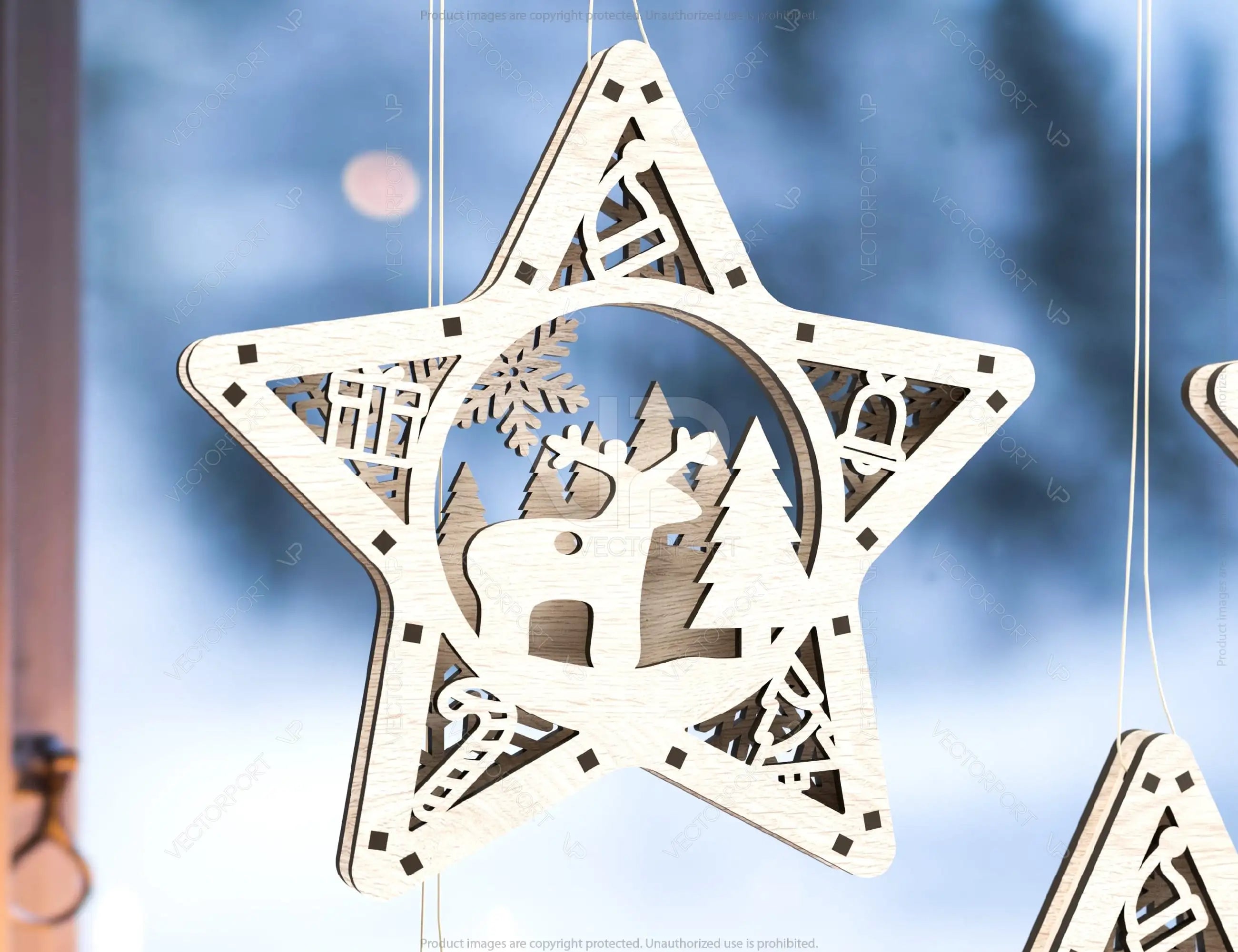 Star shape Christmas Tree Decorations Craft Hanging Bauble Snowy Scene Deer New Year Décor Laser cut Digital Download |#U312|