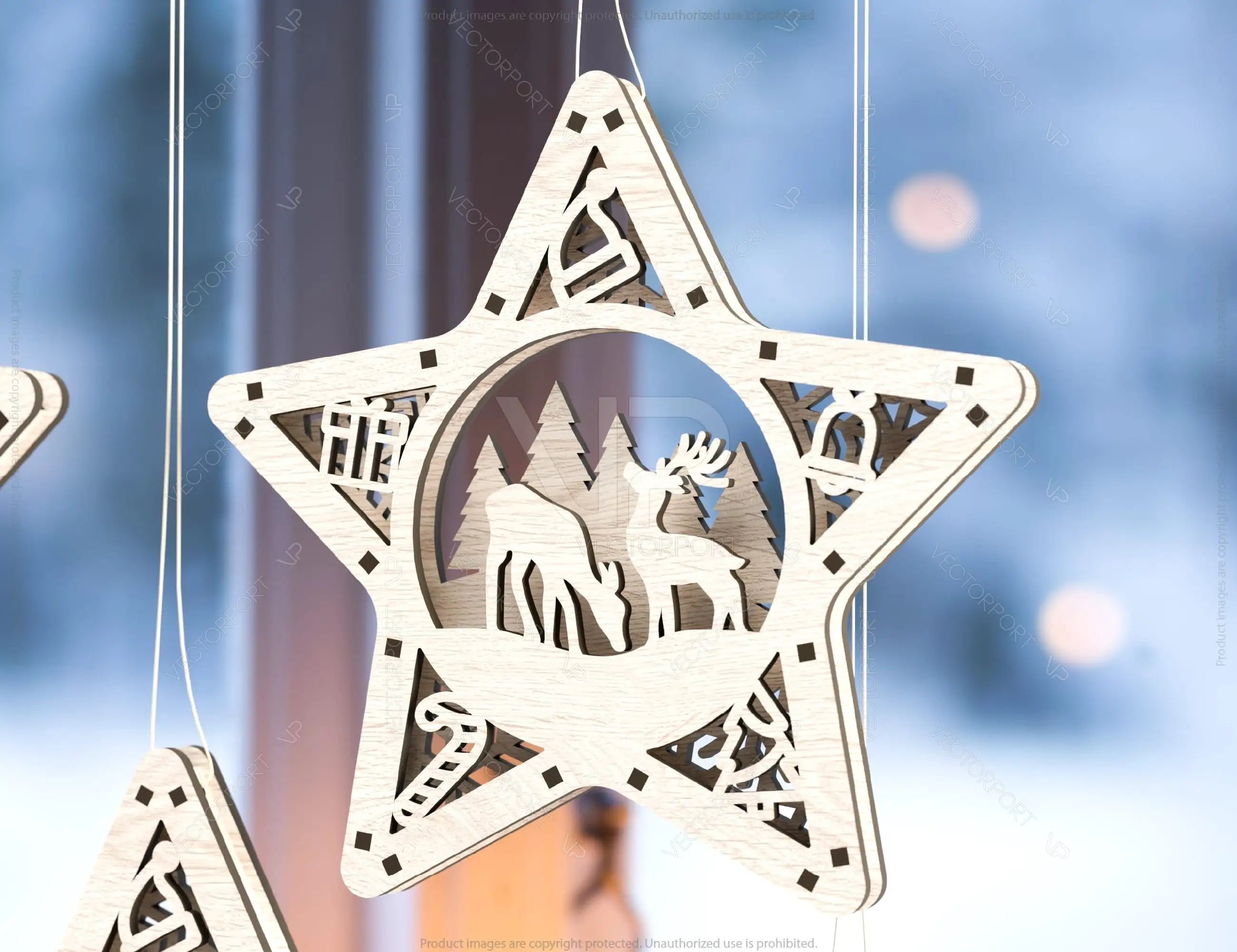 Star shape Christmas Tree Decorations Craft Hanging Bauble Snowy Scene Deer New Year Décor Laser cut Digital Download |#U312|