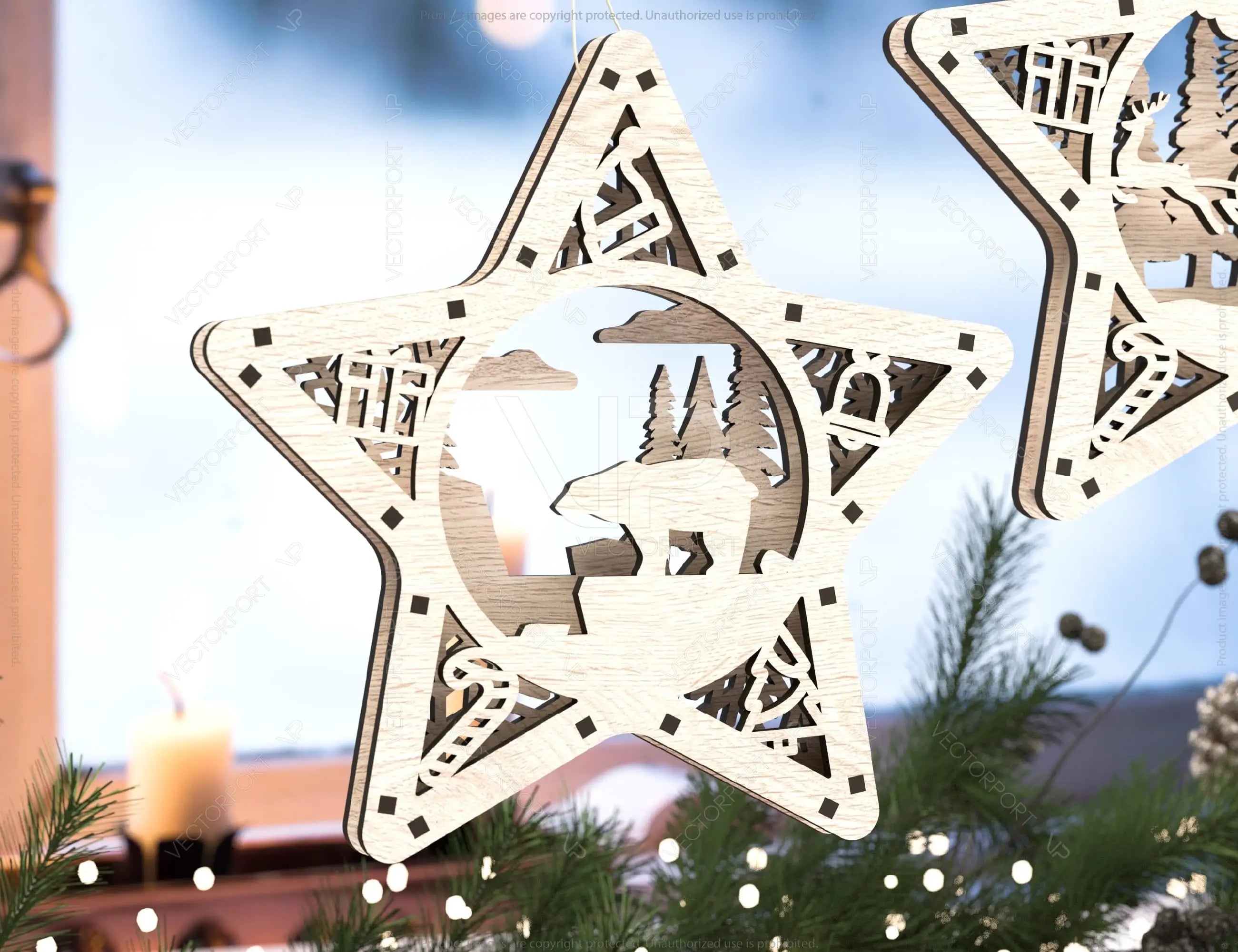 Star shape Christmas Tree Decorations Craft Hanging Bauble Snowy Scene Deer New Year Décor Laser cut Digital Download |#U312|