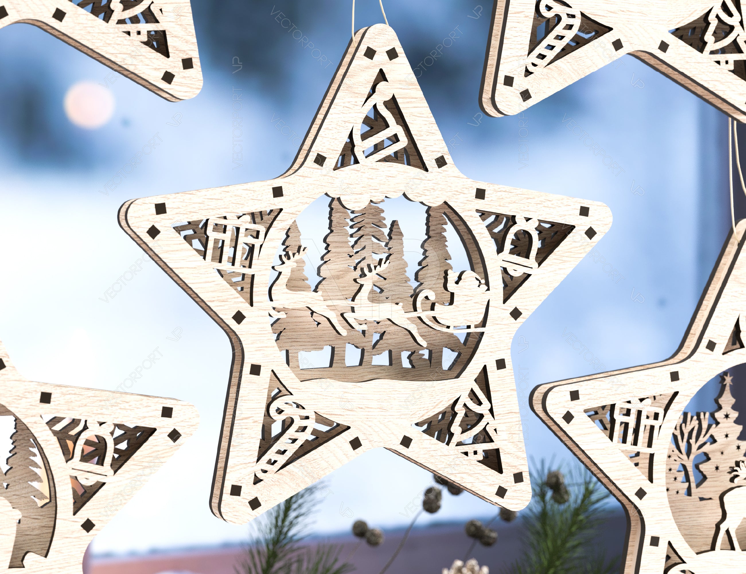 Star shape Christmas Tree Decorations Craft Hanging Bauble Snowy Scene Deer New Year Décor Laser cut Digital Download |#U312|