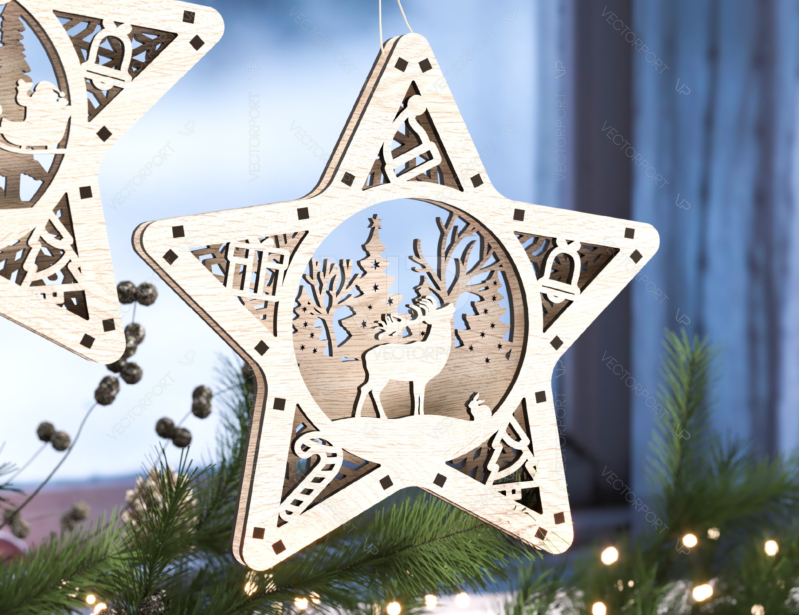 Star shape Christmas Tree Decorations Craft Hanging Bauble Snowy Scene Deer New Year Décor Laser cut Digital Download |#U312|