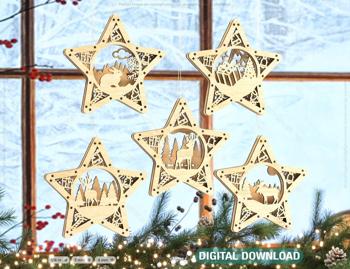 Star shape Christmas Tree Decorations Craft Hanging Bauble Snowy Scene Deer New Year Décor Laser cut Digital Download |#U313|