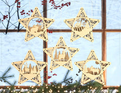 Star shape Christmas Tree Decorations Craft Hanging Bauble Snowy Scene Deer New Year Décor Laser cut Digital Download |#U313|