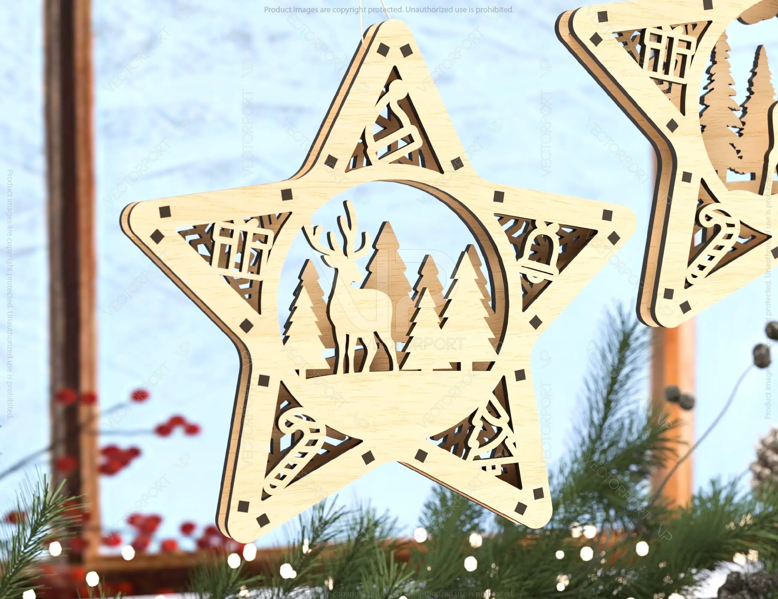 Star shape Christmas Tree Decorations Craft Hanging Bauble Snowy Scene Deer New Year Décor Laser cut Digital Download |#U313|