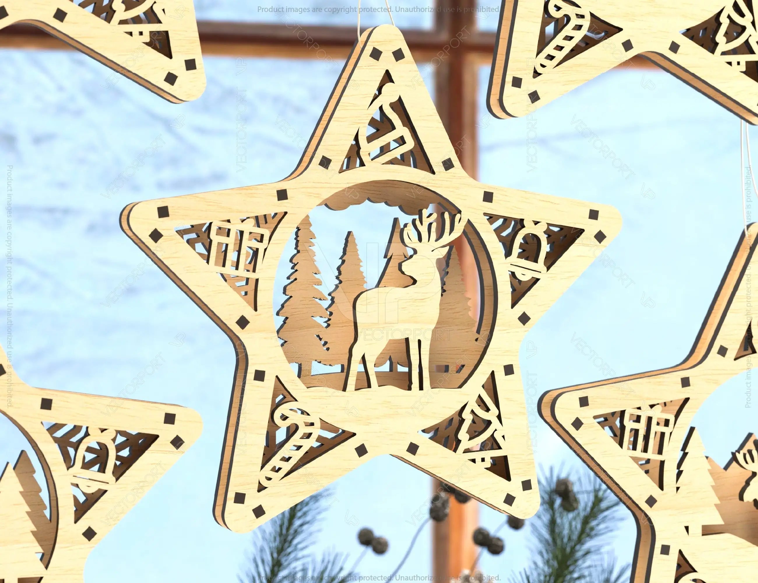 Star shape Christmas Tree Decorations Craft Hanging Bauble Snowy Scene Deer New Year Décor Laser cut Digital Download |#U313|