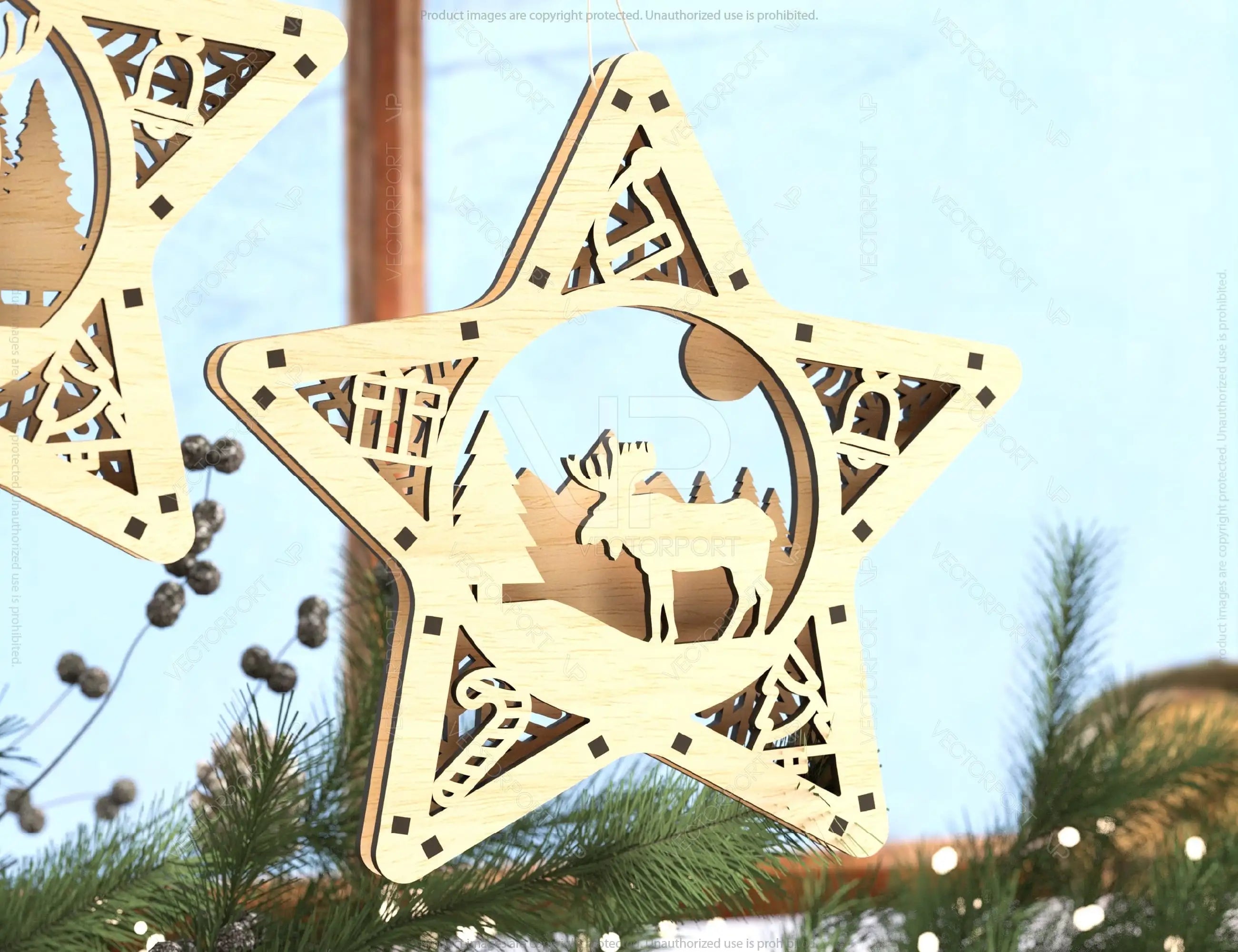 Star shape Christmas Tree Decorations Craft Hanging Bauble Snowy Scene Deer New Year Décor Laser cut Digital Download |#U313|