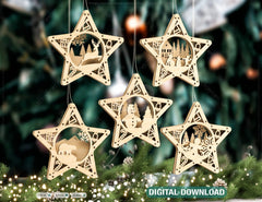 Star shape Christmas Tree Decorations Craft Hanging Bauble Snowy Scene Deer New Year Décor Laser cut Digital Download |#U314|