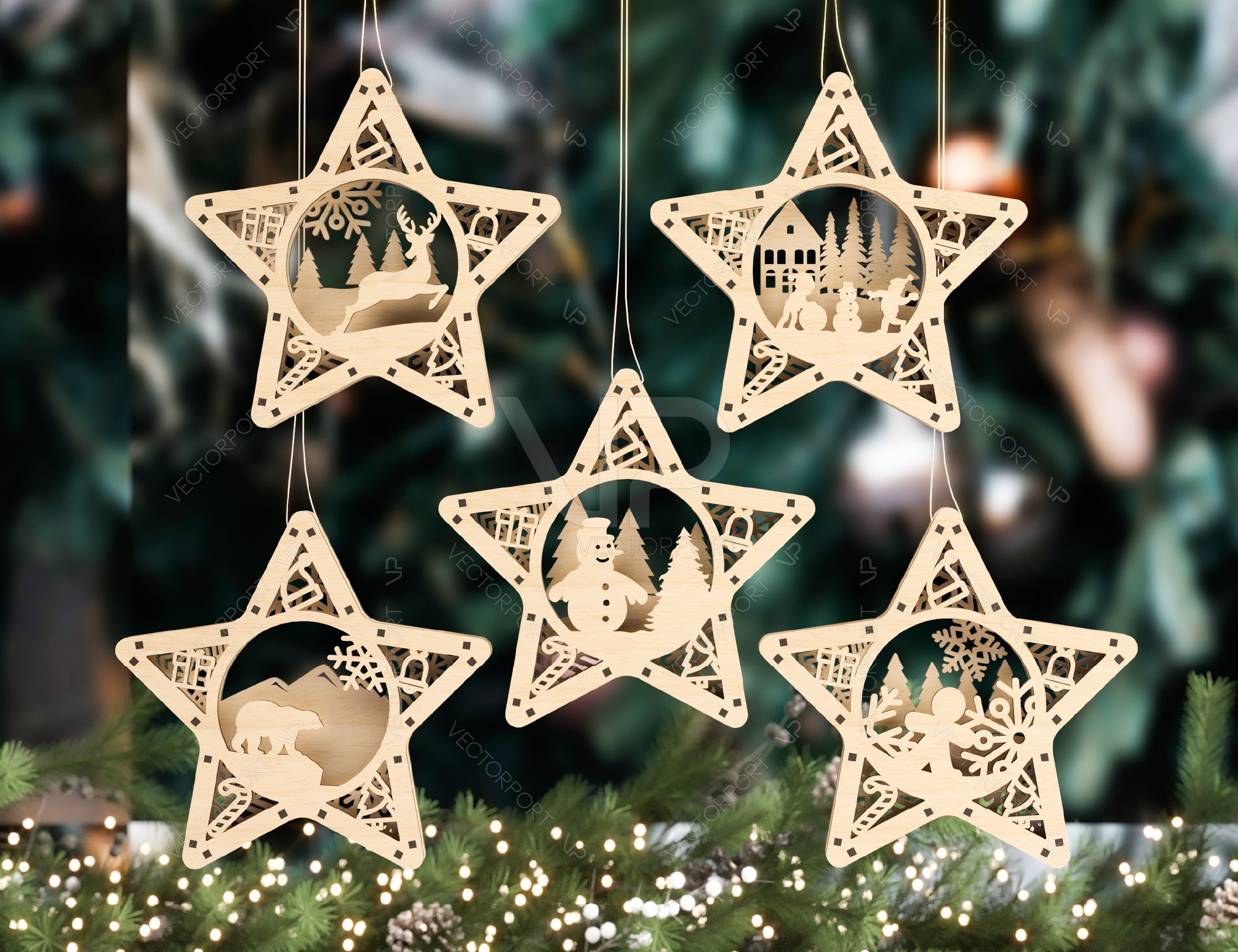 Star shape Christmas Tree Decorations Craft Hanging Bauble Snowy Scene Deer New Year Décor Laser cut Digital Download |#U314|