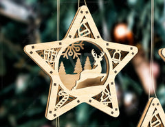 Star shape Christmas Tree Decorations Craft Hanging Bauble Snowy Scene Deer New Year Décor Laser cut Digital Download |#U314|