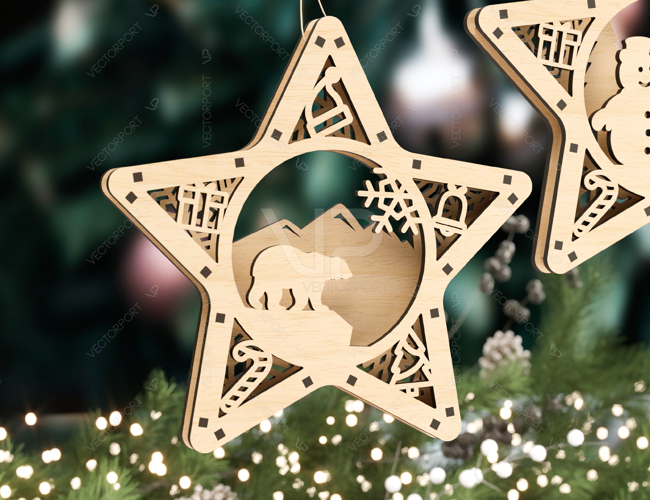 Star shape Christmas Tree Decorations Craft Hanging Bauble Snowy Scene Deer New Year Décor Laser cut Digital Download |#U314|