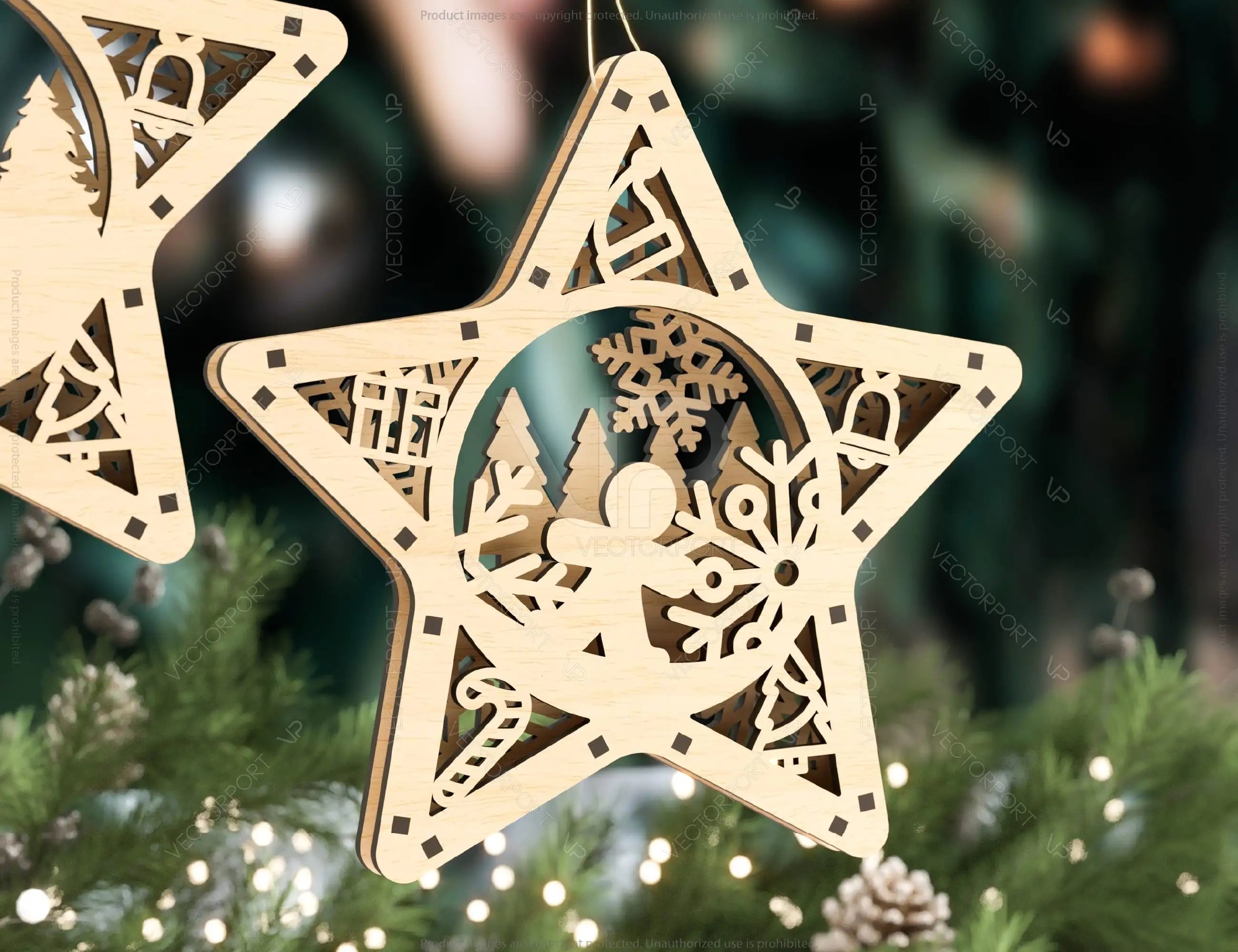 Star shape Christmas Tree Decorations Craft Hanging Bauble Snowy Scene Deer New Year Décor Laser cut Digital Download |#U314|