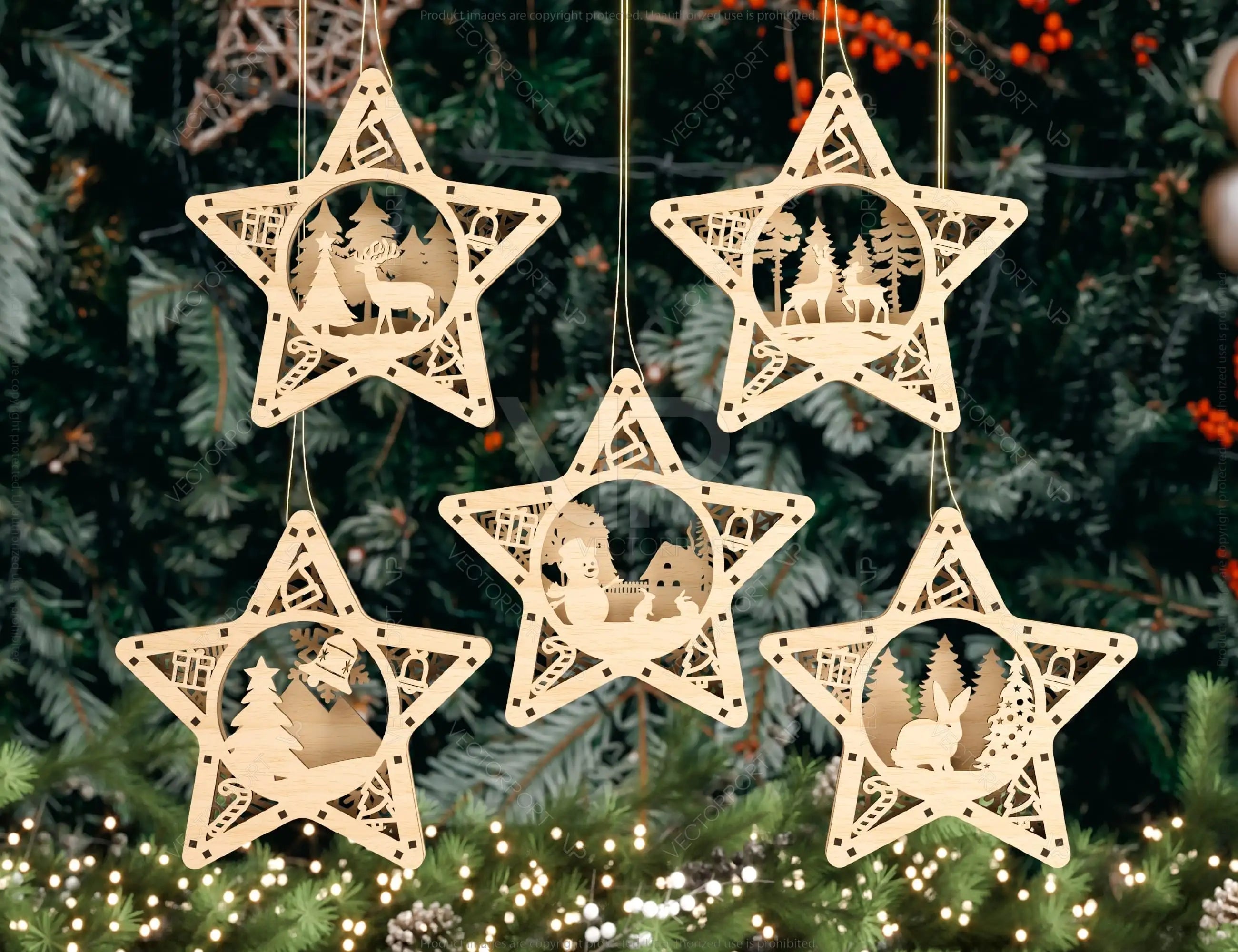 Star shape Christmas Tree Decorations Craft Hanging Bauble Snowy Scene Deer New Year Décor Laser cut Digital Download |#U315|