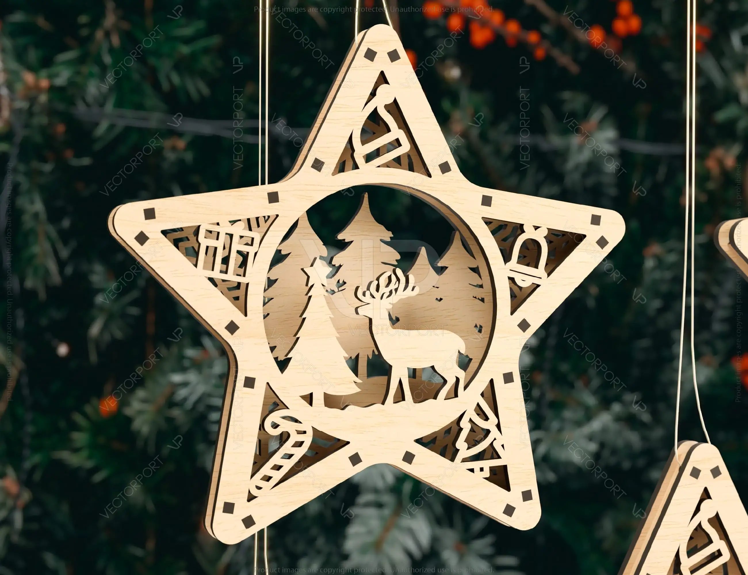 Star shape Christmas Tree Decorations Craft Hanging Bauble Snowy Scene Deer New Year Décor Laser cut Digital Download |#U315|