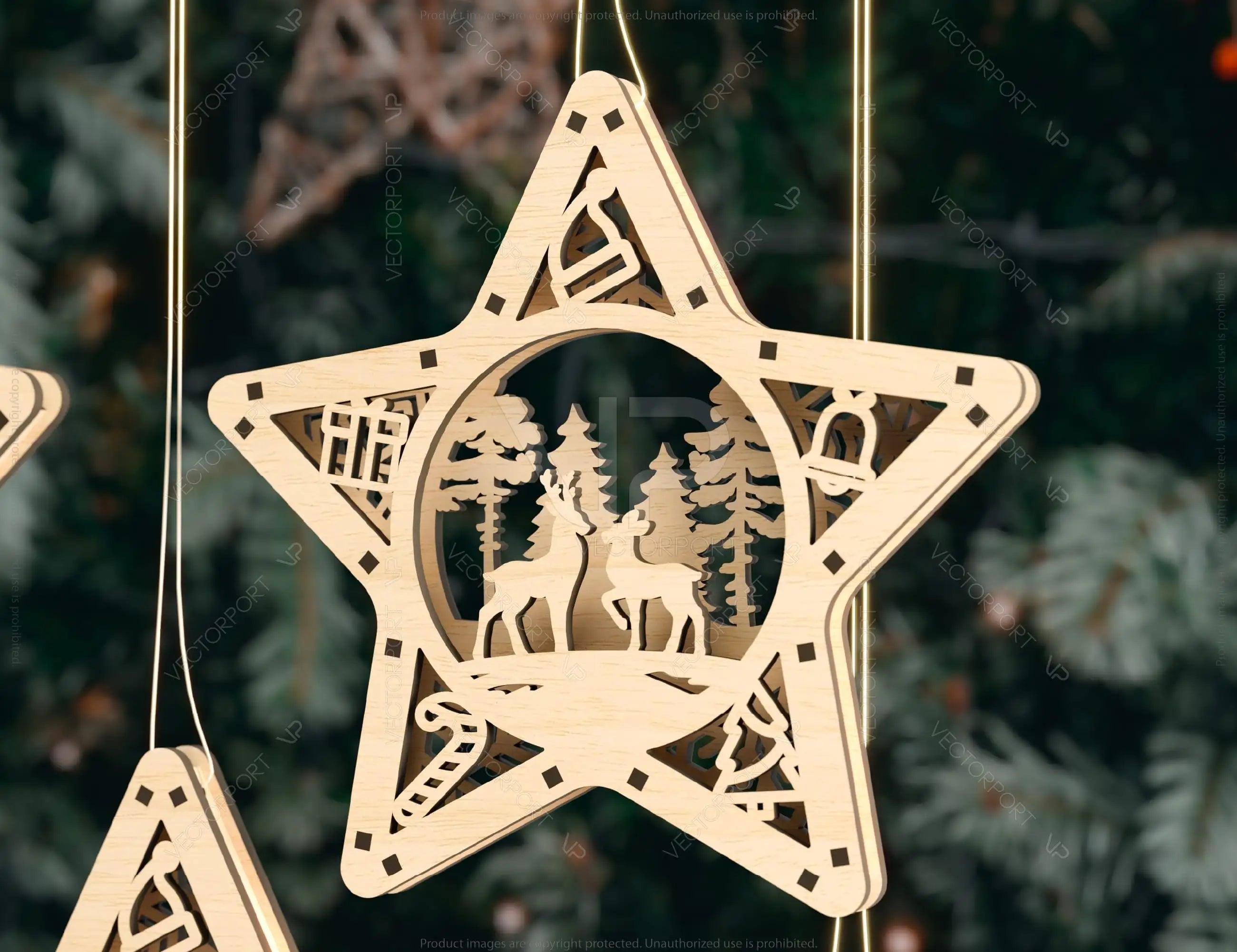 Star shape Christmas Tree Decorations Craft Hanging Bauble Snowy Scene Deer New Year Décor Laser cut Digital Download |#U315|