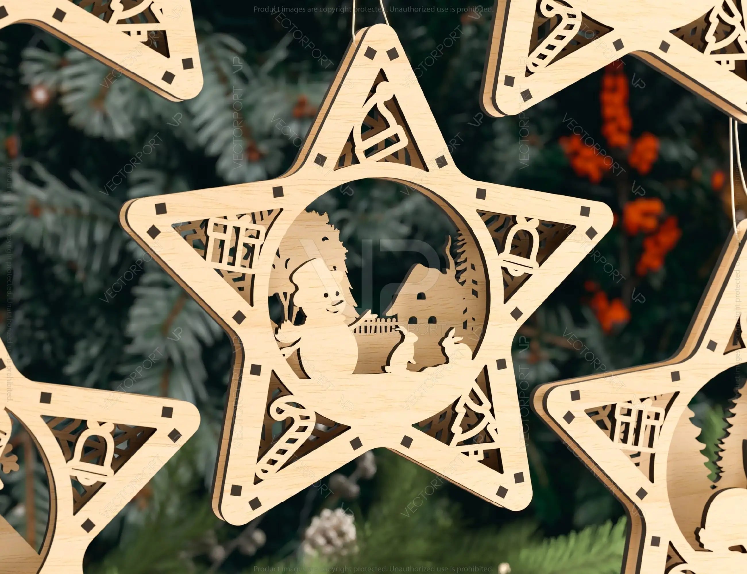 Star shape Christmas Tree Decorations Craft Hanging Bauble Snowy Scene Deer New Year Décor Laser cut Digital Download |#U315|