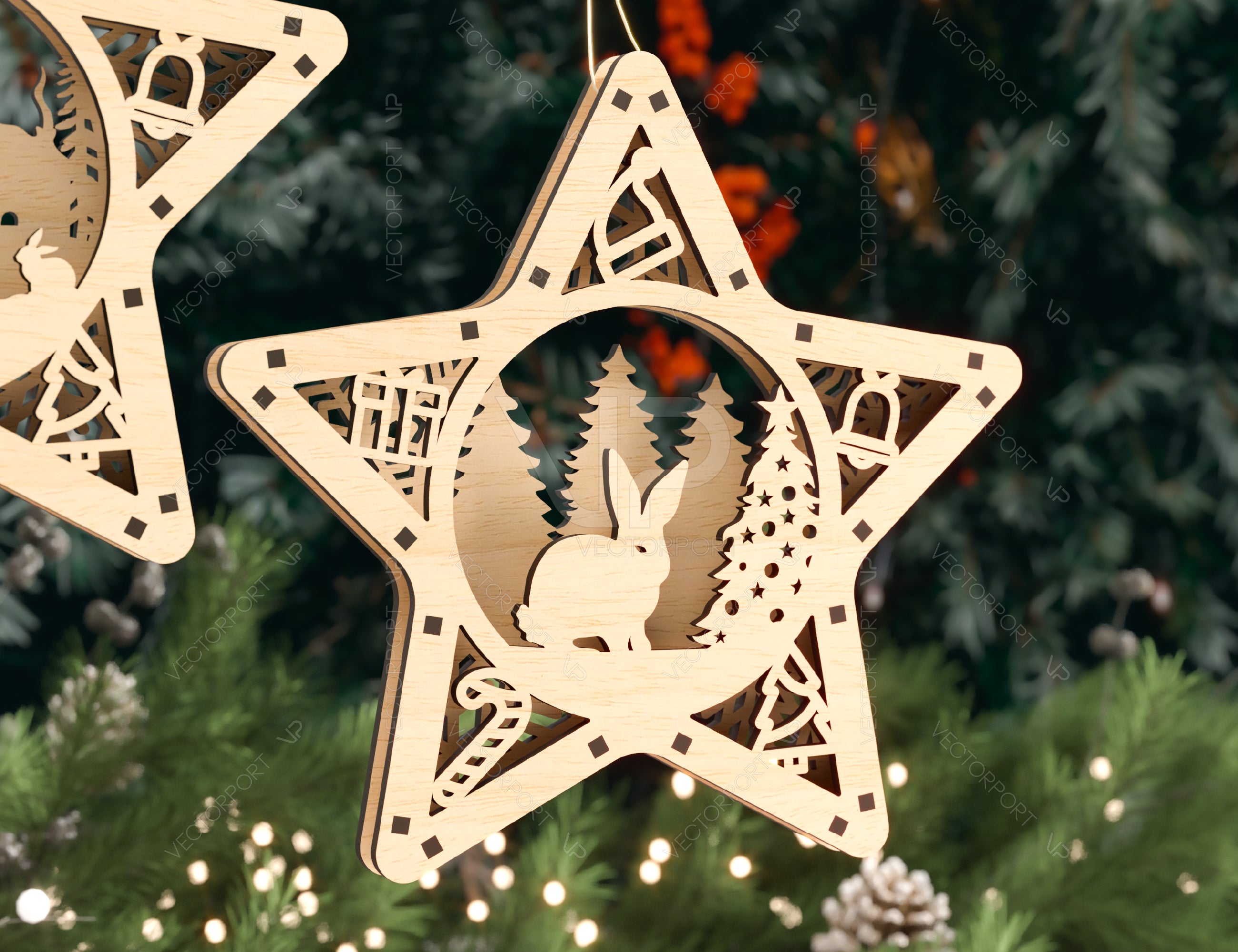 Star shape Christmas Tree Decorations Craft Hanging Bauble Snowy Scene Deer New Year Décor Laser cut Digital Download |#U315|