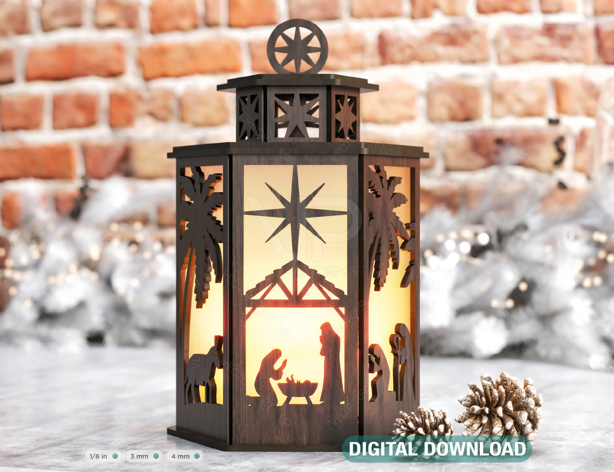 Nativity Scene Candle Holder Christmas Eve with baby Jesus, Traditional Lantern Tea  Digital Download SVG |#U316|