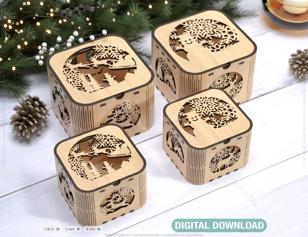 Christmas Template Decorative Box Wooden New Year Gift Box laser cut Jeweler Case Digital Download |#U320|