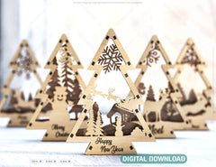 Christmas Tree Shaped Ornaments Tree Decorations Craft Standing New Year tree Snowy Scene Deer New Year Laser cut Digital Download |#U325|