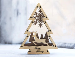 Christmas Tree Shaped Ornaments Tree Decorations Craft Standing New Year tree Snowy Scene Deer New Year Laser cut Digital Download |#U325|