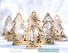 Christmas Tree Shaped Ornaments Tree Decorations Craft Standing New Year tree Snowy Scene Deer New Year Laser cut Digital Download |#U326|
