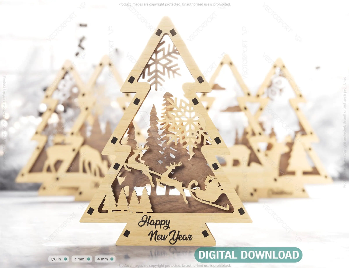 Christmas Tree Shaped Ornaments Tree Decorations Craft Standing New Year tree Snowy Scene Deer New Year Laser cut Digital Download |#U327|