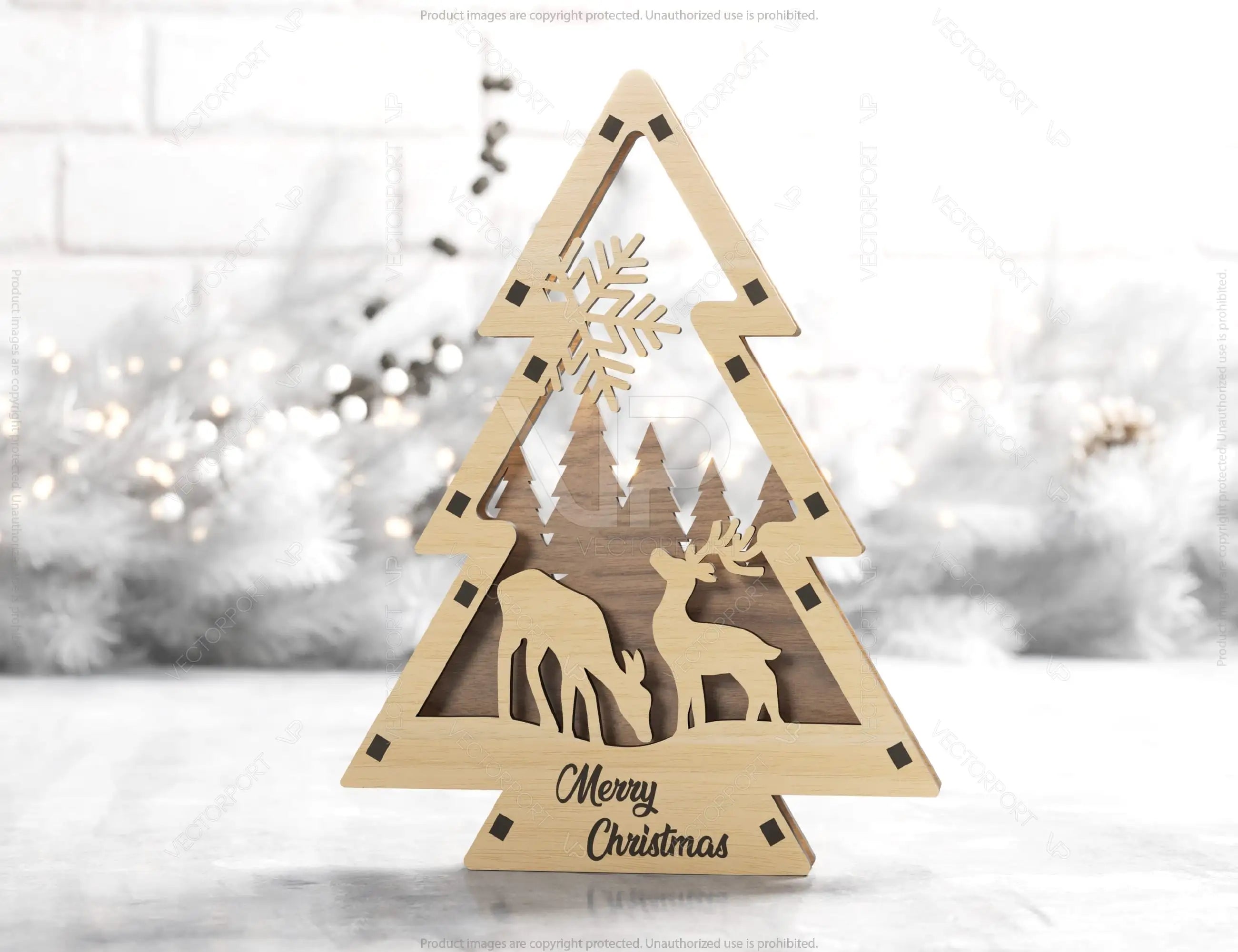 Christmas Tree Shaped Ornaments Tree Decorations Craft Standing New Year tree Snowy Scene Deer New Year Laser cut Digital Download |#U327|