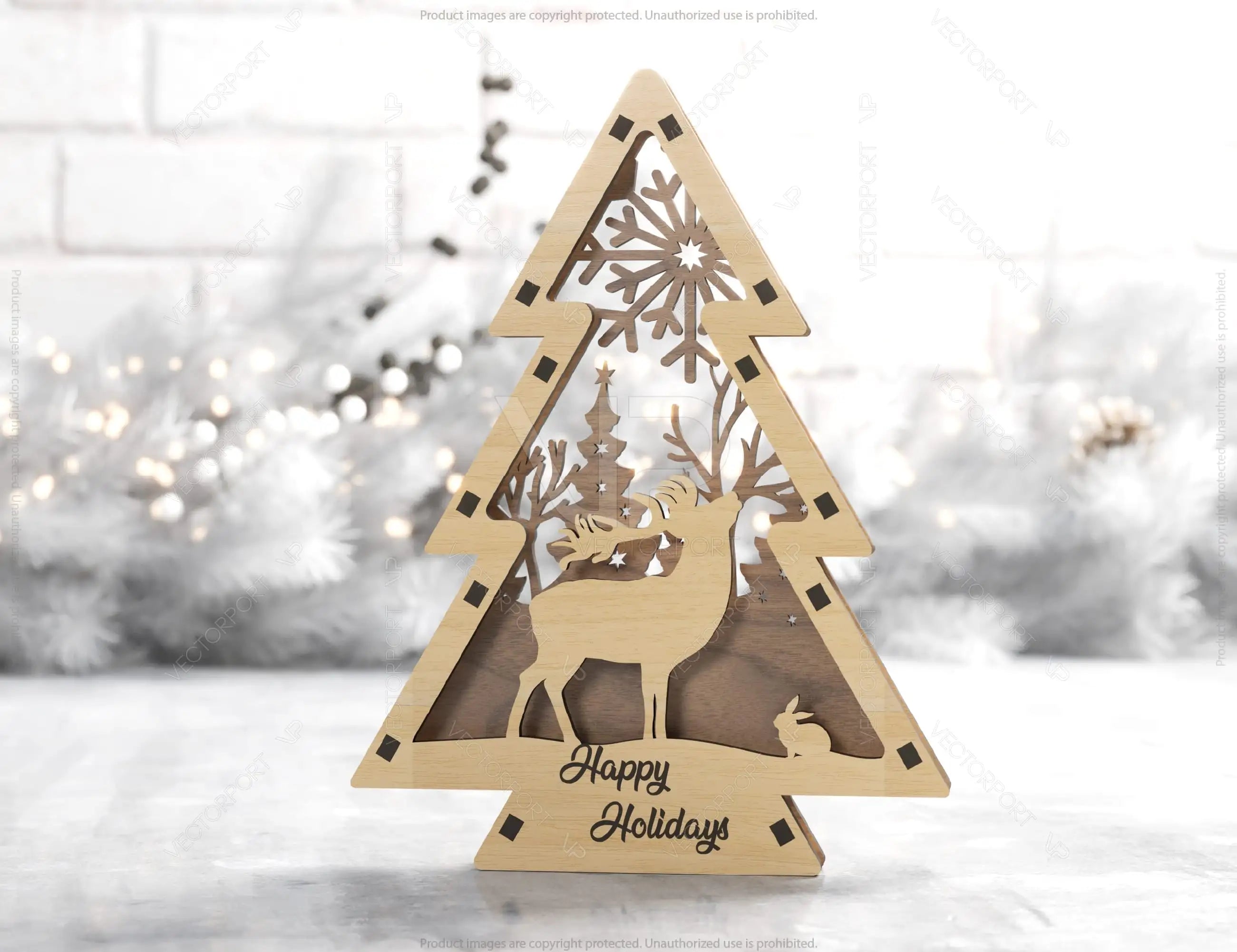 Christmas Tree Shaped Ornaments Tree Decorations Craft Standing New Year tree Snowy Scene Deer New Year Laser cut Digital Download |#U327|