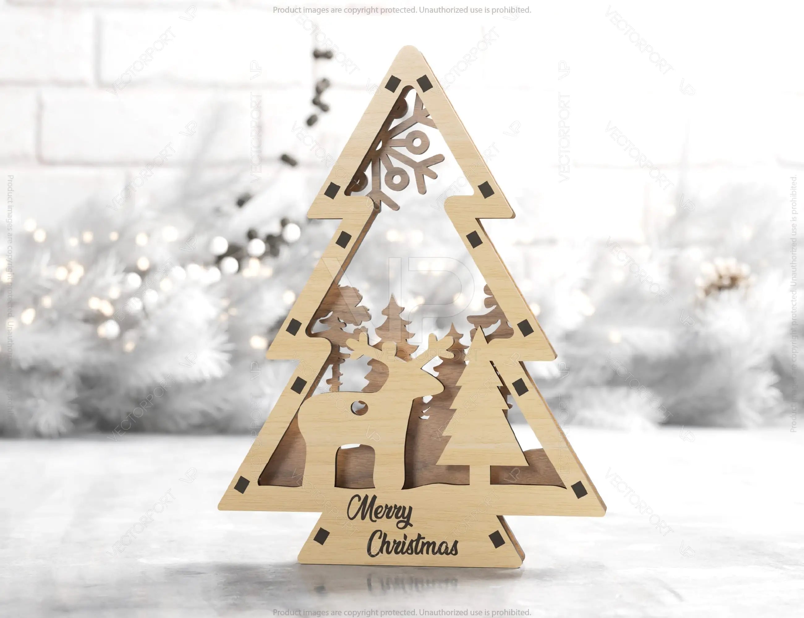 Christmas Tree Shaped Ornaments Tree Decorations Craft Standing New Year tree Snowy Scene Deer New Year Laser cut Digital Download |#U327|