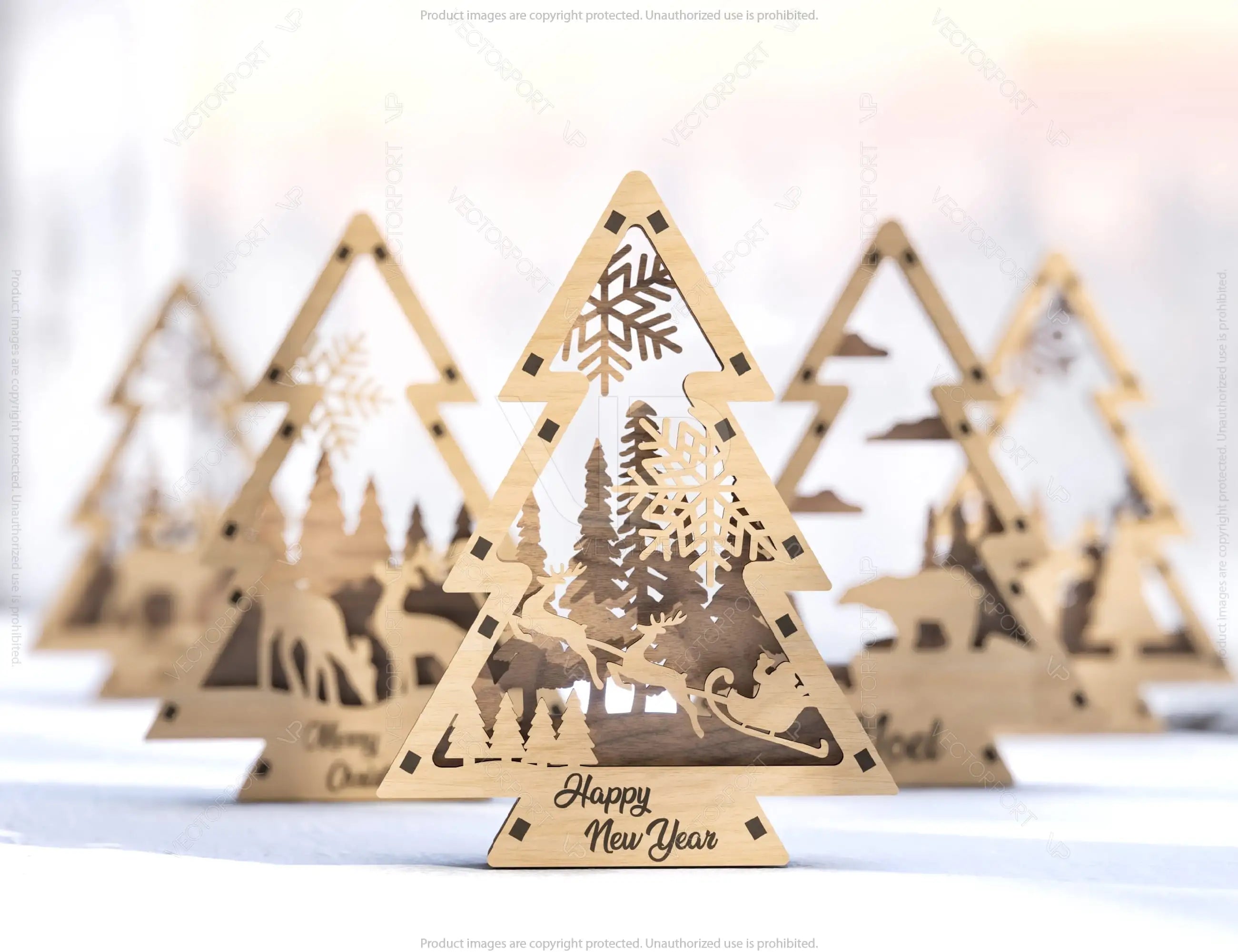 Christmas Tree Shaped Ornaments Tree Decorations Craft Standing New Year tree Snowy Scene Deer New Year Laser cut Digital Download |#U327|