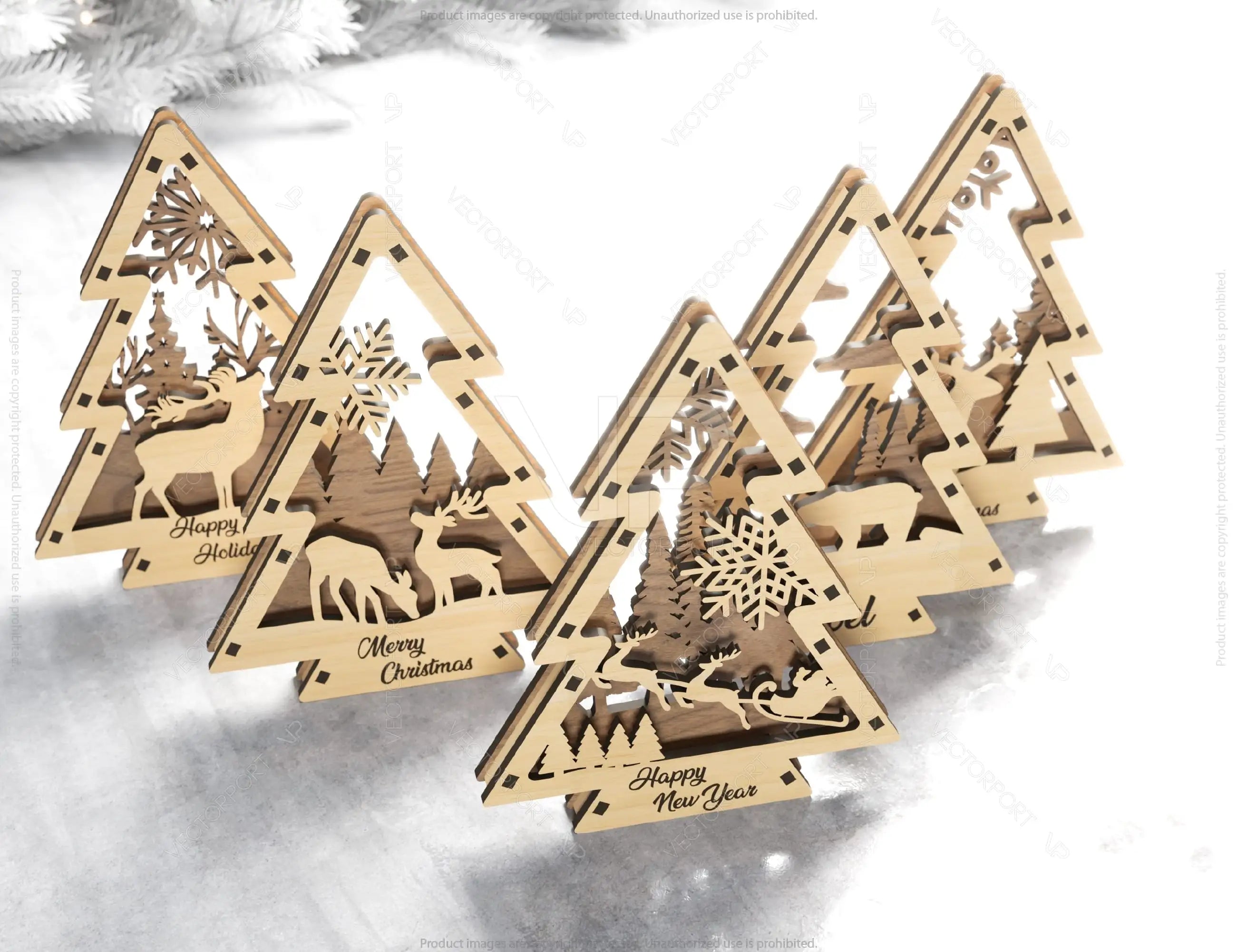 Christmas Tree Shaped Ornaments Tree Decorations Craft Standing New Year tree Snowy Scene Deer New Year Laser cut Digital Download |#U327|