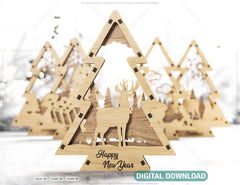 Christmas Tree Shaped Ornaments Tree Decorations Craft Standing New Year tree Snowy Scene Deer New Year Laser cut Digital Download |#U328|