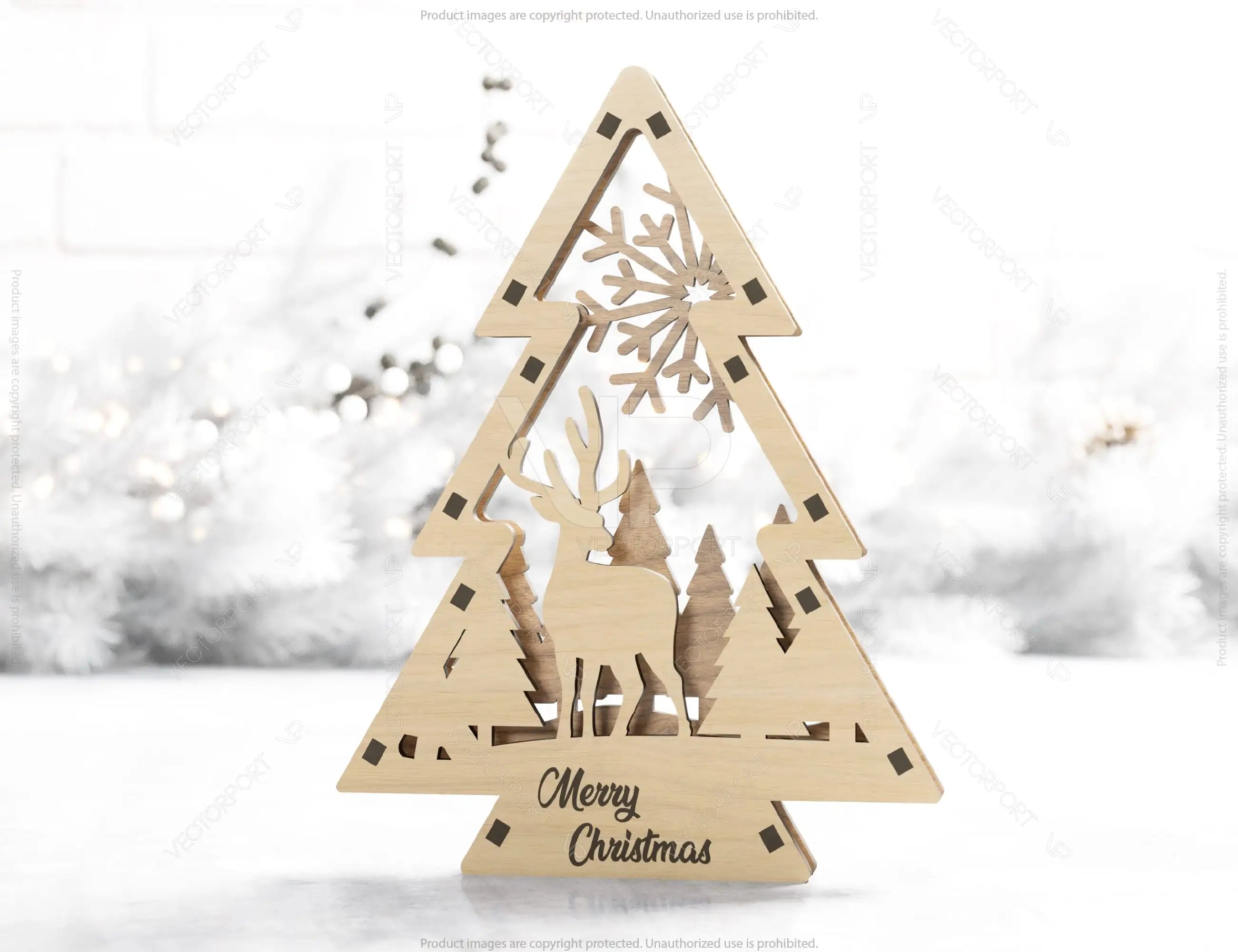 Christmas Tree Shaped Ornaments Tree Decorations Craft Standing New Year tree Snowy Scene Deer New Year Laser cut Digital Download |#U328|